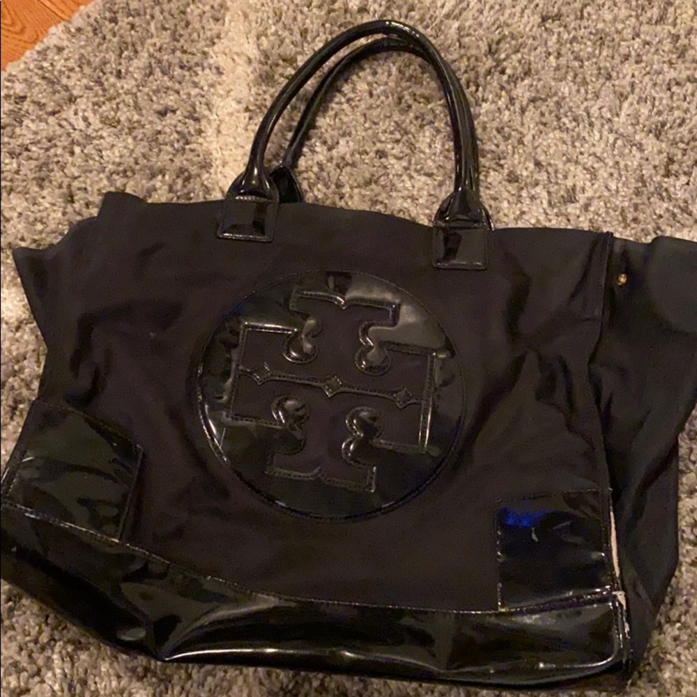 Tory Burch Black Ella Tote Black And Gold Hardware